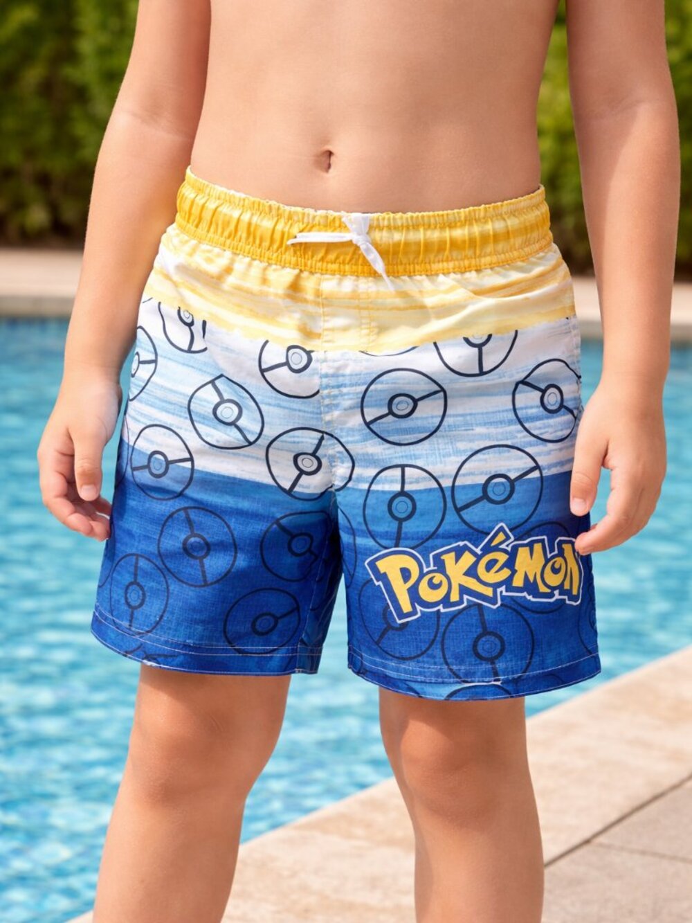 Pokemon Swim Trunks Poke Ball Yellow White Stripes Drawstring Boys Medium